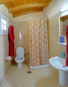 a bathroom with a toilet and a shower curtain at Captain Spiros Studios in Paleokastritsa