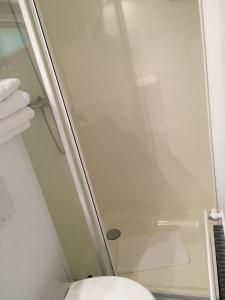 ducha con puerta de cristal junto a un aseo en Landgut Jungfleisch en Gries