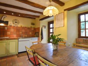 a kitchen with a wooden table with a potted plant at Magnificent holiday home with pool in Saint-Paul-du-Bois