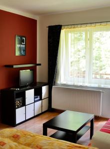 ein Wohnzimmer mit einem TV, einem Tisch und einem Fenster in der Unterkunft Apartmán KINALI Horní Lipová in Ober Lindewiese