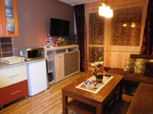 a living room with a kitchen and a table with a table at High Tatras - Patris 27 in Tatranska Strba