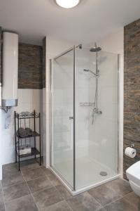 La salle de bains est pourvue d'une douche en verre et d'un lavabo. dans l'établissement Apartamenty w starym browarze 1, à Kłodzko