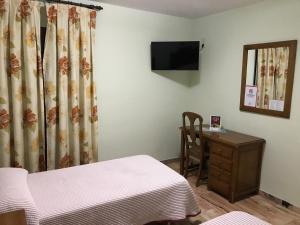 a bedroom with a bed and a desk and a mirror at Hostal Rio de Oro in Alcalá la Real