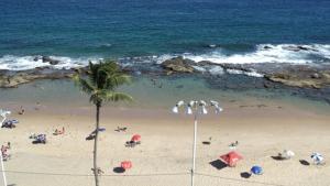 a beach with people and a palm tree and the ocean at Studio na praia da Barra in Salvador