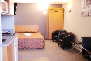 a bedroom with a bed, chair, desk and a television at Kiwi Studios Motel in Palmerston North