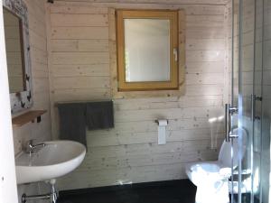 a bathroom with a sink and a toilet and a mirror at Schlaffass - Schlafen im Holzfass in Tattendorf