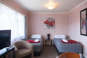 een kamer met 2 bedden, een stoel en een televisie bij Motel Te Kuiti in Te Kuiti