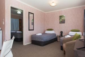 Habitación de hotel con 2 camas y sofá en Motel Te Kuiti en Te Kuiti