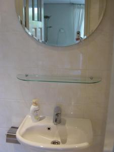 een wastafel in de badkamer met een spiegel en een fles zeep bij It tunhuske in Renkum