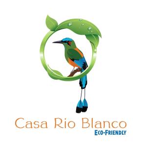 uma ave sentada num logótipo de círculo frondoso em Casa Rio Blanco Eco Friendly B&B em Guápiles