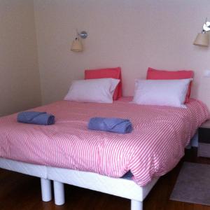 a bed with two blue pillows on top of it at Le Nid De La Chouette in Dijon