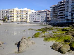 a beach with some rocks and some buildings at Apartamento comodo in Sanxenxo