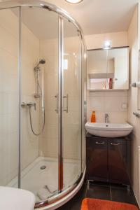 un baño con ducha y lavabo en Villa Amber, en Bad Kissingen 95 fotos más
