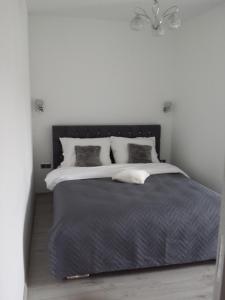 ムロンゴヴォにあるApartament MaNaTurのベッドルーム1室(黒いヘッドボードと枕付きのベッド1台付)