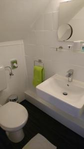 a white bathroom with a toilet and a sink at Hotel Deutschherrenhof in Trier +12 photos