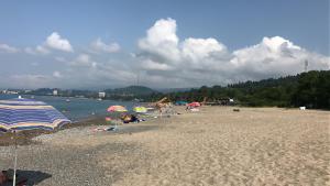 a beach with umbrellas and people laying on the sand at Penthouse studio in Sukhum