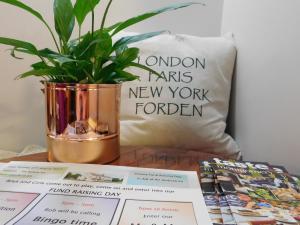 a plant in a vase on a table with a pillow at The Railway Inn in Forden