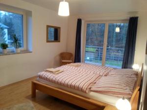 um quarto com uma cama em frente a uma janela em Ferienwohnung an der Hasenburg em Lüneburg