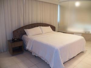 伦索伊斯-保利斯塔Passer Hotel的卧室里有一张大床，上面铺着白色的毯子