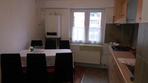 ルムニク・ヴルチャにあるApartament Valcea Centralのキッチン(テーブル、椅子、冷蔵庫付)