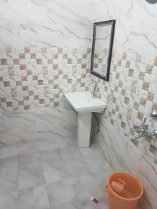 een witte badkamer met een wastafel en een spiegel bij Hotel Shiv Kripa in Dehradun