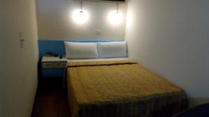um pequeno quarto com uma cama e duas almofadas em Reui Chung Hotel em Kaohsiung