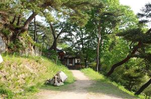 un chemin de terre menant à une maison sur une colline dans l'établissement Okyeon Jeongsa, à Andong