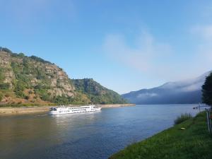 un barco que viaja por un río con una montaña en Zur Traube en Kestert