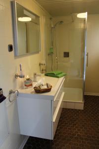 a bathroom with a sink and a shower with a mirror at Ferienwohnung SONNENUHR in Bacharach