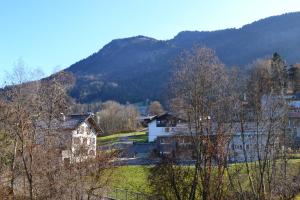 un grupo de casas en una colina con una montaña en Gästehaus-Pension Barbara, en Andelsbuch