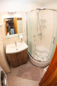 a bathroom with a shower and a sink and a mirror at Sun Boat Apartments in Ventspils