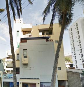 聖瑪爾塔的住宿－Apartamento Rodadero，两棵棕榈树的建筑