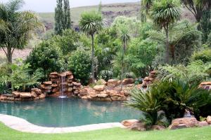 a swimming pool with a waterfall in a garden at Nooitgedacht Trout Lodge in Lydenburg