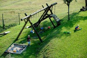 dos niños están parados junto a un sistema de juegos en un campo en Ferienhaus Gehring en Schuttertal