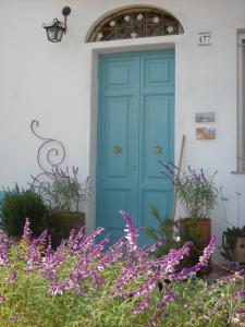 a blue door on a white building with purple flowers at Giardino della Moscatella in Altamura