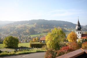 a church with a steeple on a hill next to a road at Ferienwohnung Haus am Dürrberg "St. Georg" in Warmensteinach +3 photos