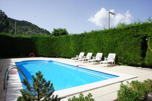 una piscina con sedie a sdraio accanto a una siepe di Hotel La Planada a Ordino