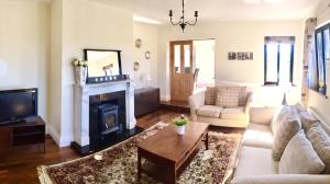 a living room with a couch and a fireplace at Burrowlodge in Kilfenora