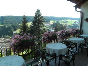 a row of tables and chairs on a balcony with flowers at Grubstuben in Schonach