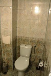 a bathroom with a toilet and a tiled wall at Guest House Jumbo in Aheloy