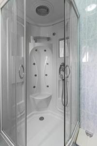 a bathroom with a shower with a glass door at Casa do Campo AL in Caldas de São Jorge