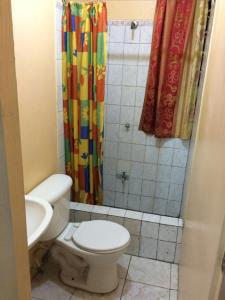 a bathroom with a toilet and a shower curtain at Leslies' Home in Portmore