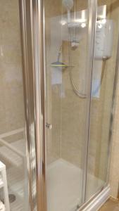 La salle de bains est pourvue d'une douche avec une porte en verre. dans l'établissement Countryside Lodge, à Peterborough