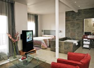 a hotel room with a bed and a television and a bathroom at El Milano Real in Hoyos del Espino
