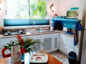 cocina con fregadero, ventana y mesa en Down by the Sea Beachfront Studio en Puerto Coyote