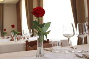 a red rose in a vase on a table with glasses at Hotel Savoia in Poggio Rusco