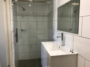 
a bathroom with a sink, shower, and mirror at Porkys Motel in Rockhampton
