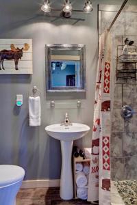 un bagno con lavandino, specchio e doccia di Mountain Haven Cabins a Mountain View