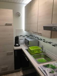 a kitchen with a sink with a green tray on it at Ferienwohnung Am Wald in Schönwald