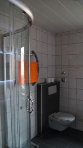 La salle de bains est pourvue de toilettes et d'une douche en verre. dans l'établissement Pension Haus Maria, à Mühlhausen